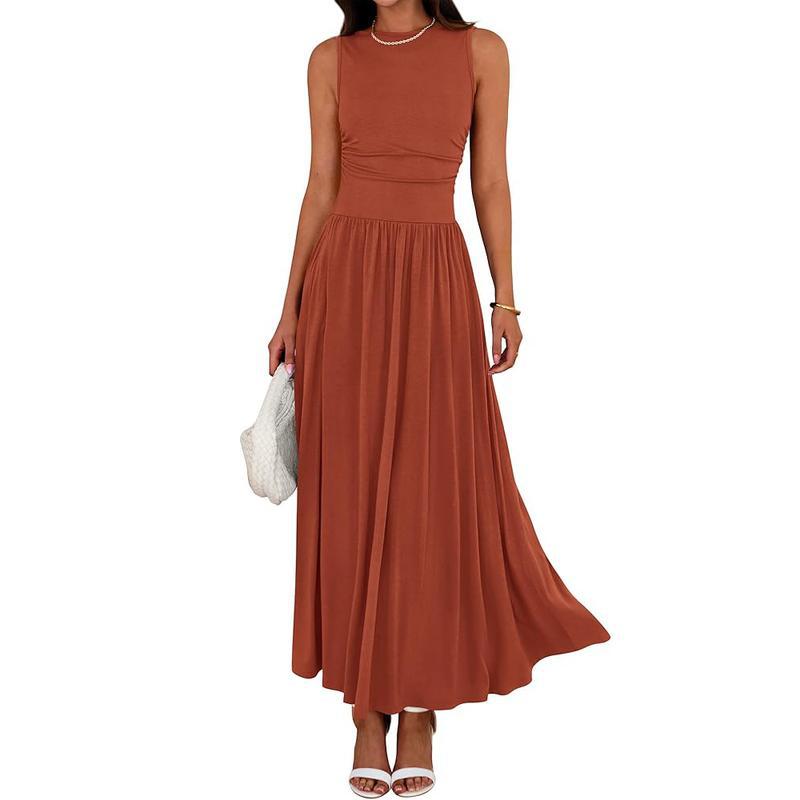 Women's sleeveless long dress, round neck, high waist, patchwork pleated summer dress