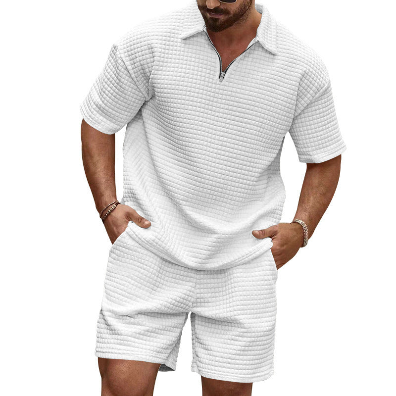 New Summer Casual Waffle Knit Solid Color Collared Sweatshirt Tracksuit