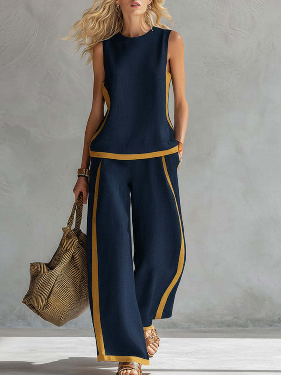 Summer color-blocked sleeveless vest and wide-leg pants set