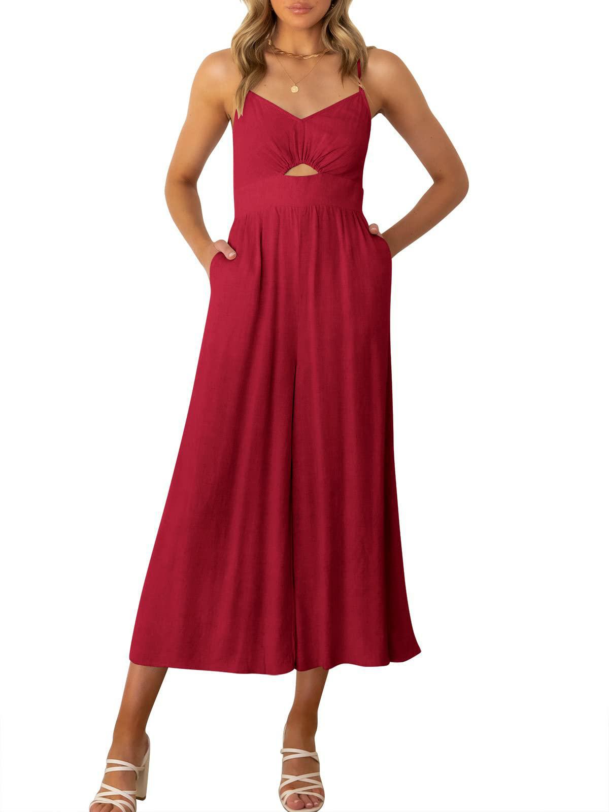 One-piece sleeveless solid color loose hollow patchwork suspender dress