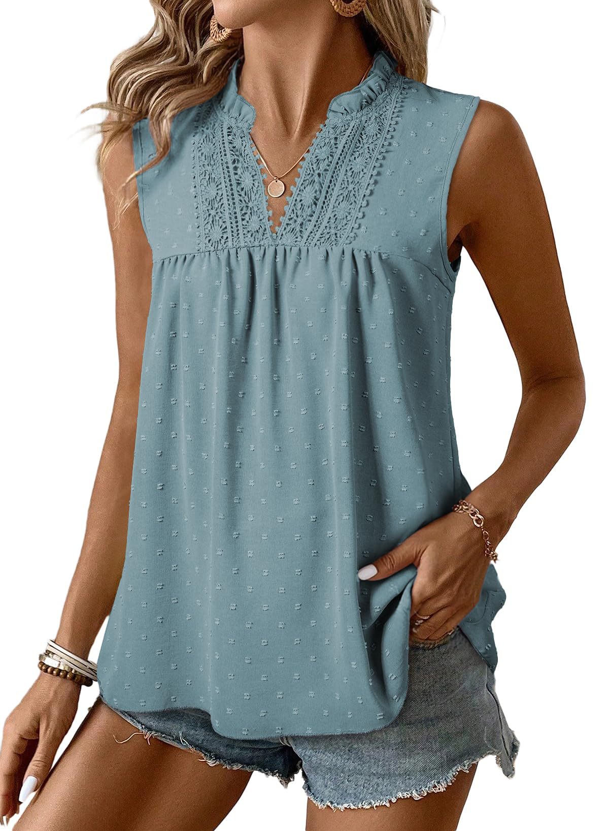 Lace Casual Sleeveless Swiss Polka Dot Top