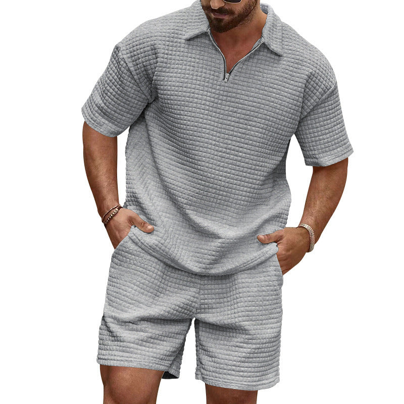 New Summer Casual Waffle Knit Solid Color Collared Sweatshirt Tracksuit