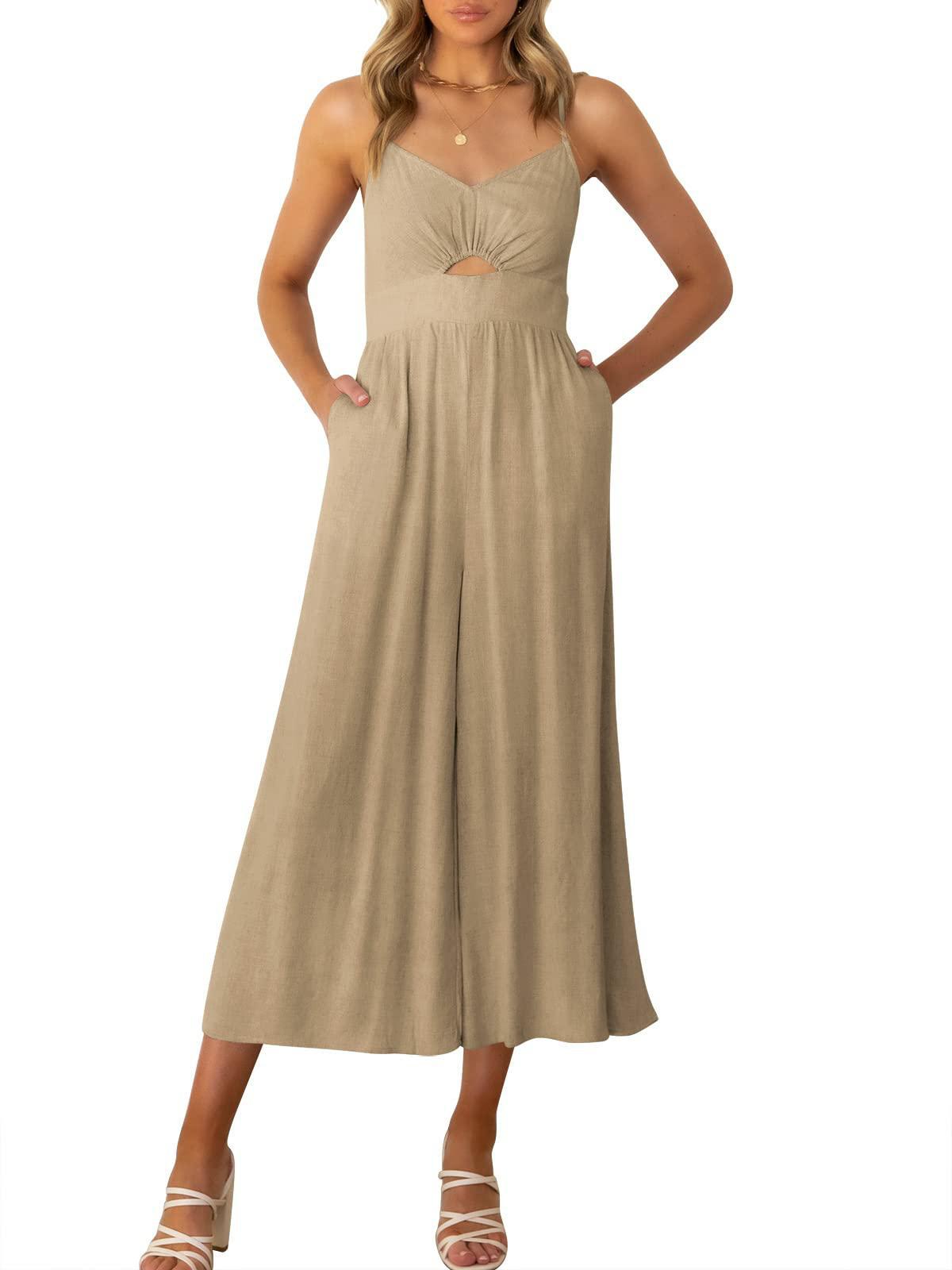 One-piece sleeveless solid color loose hollow patchwork suspender dress